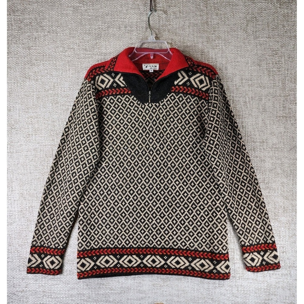 LAM 100% Alpaca 1/4 Zip Sweater Unisex M Multicolor Geo Alpine Pattern‎ Bolivia